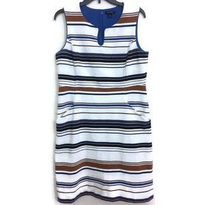 Lands End Women Sleeveless Sheath Dress Striped White Blue Brown Pockets Size 14